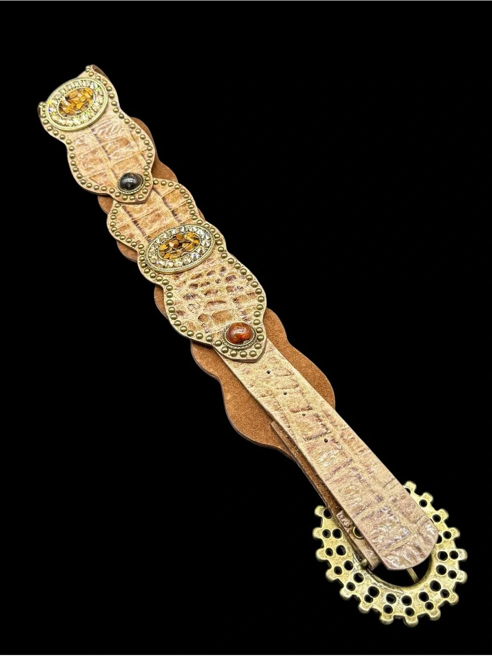 Leatherock USA Y2K Leather Scalloped Belt Croc Embossed Stone Cabochons Boho